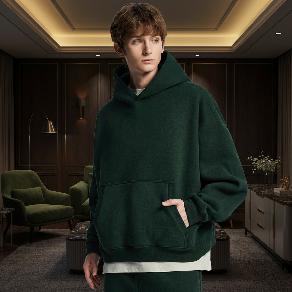 Men Boxy Fleece Street Hoodie Pullover Fall Winter Deep Pine - CHAOKEXI（潮可喜） - Cnfans - $25.73