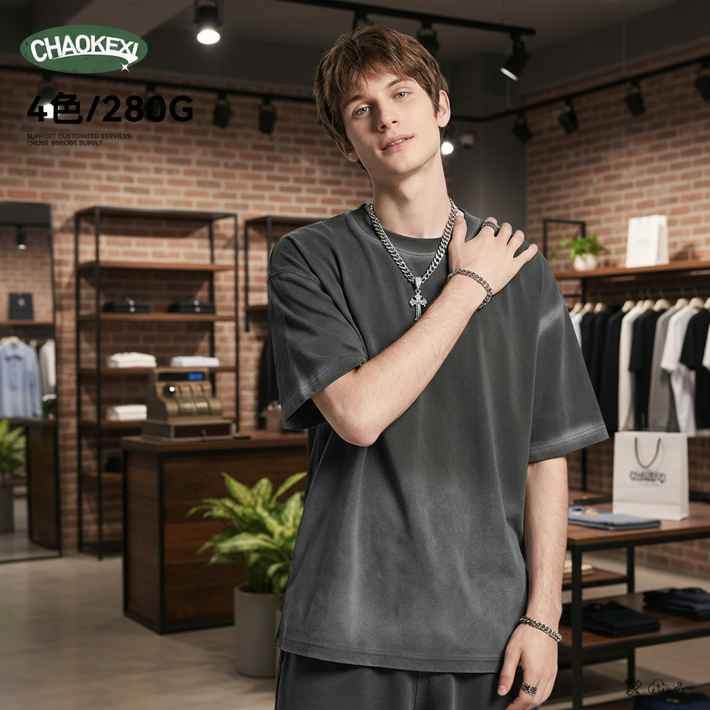 Vintage Cotton Gradient Tee Men's Short Sleeve - Slate - CHAOKEXI - Cnfans - $19.27