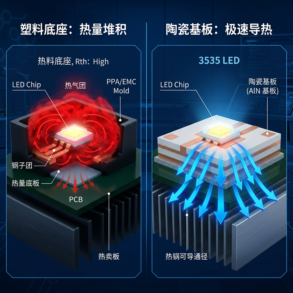 3D剖面渲染图对比：展示塑料底座灯珠热量堆积与陶瓷基板灯珠高效散热的原理差异。