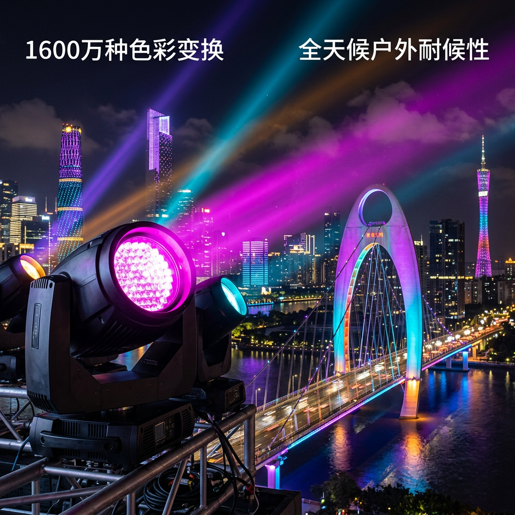 3535陶瓷RGB灯珠在舞台和建筑亮化中的应用实景图，展示其丰富的色彩变换和户外耐候性。