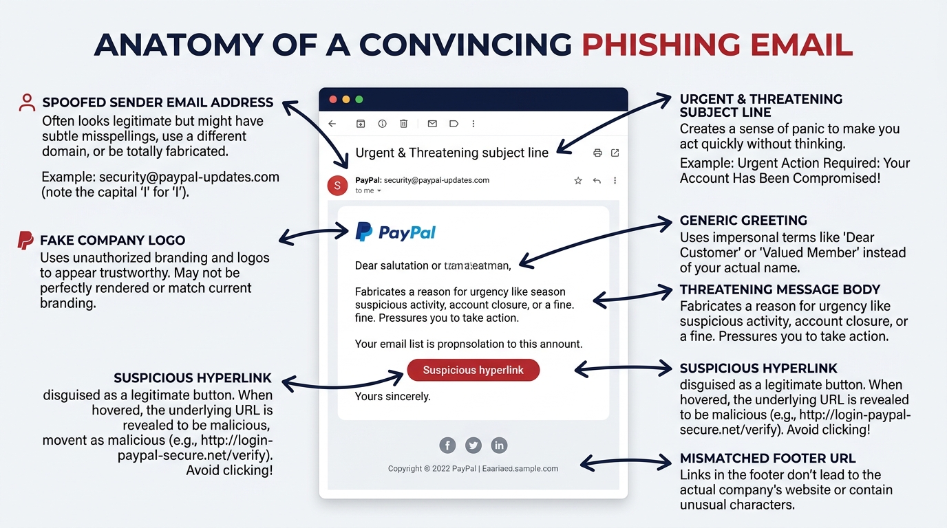 Side-by-side comparison of a legitimate password reset email versus a phishing attempt showing deceptive elements
