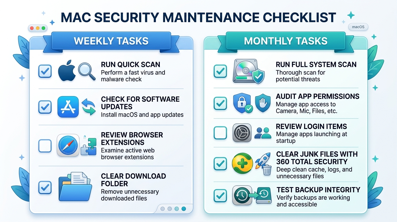 Infographic comparing native macOS security layers including XProtect and Gatekeeper versus third-party antivirus protection coverage areas for Mac