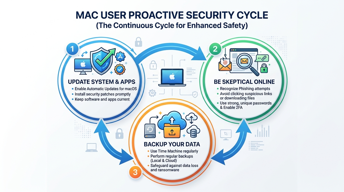 Illustration showing the evolution of malware from early Windows-targeted viruses to sophisticated cross-platform threats targeting macOS