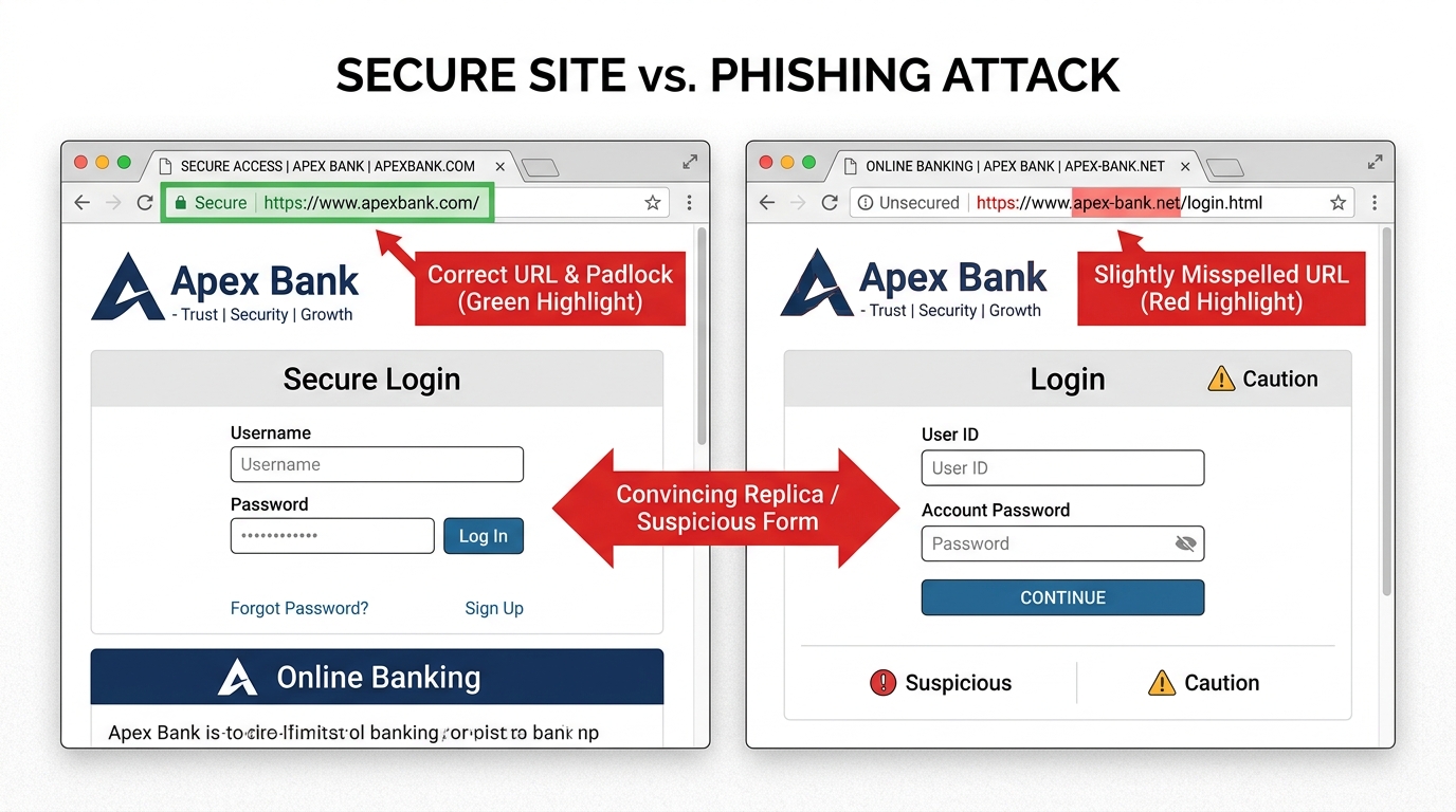 Flowchart showing how a phishing email leads to malware installation and personal data theft, illustrated as a cybersecurity infographic for beginners