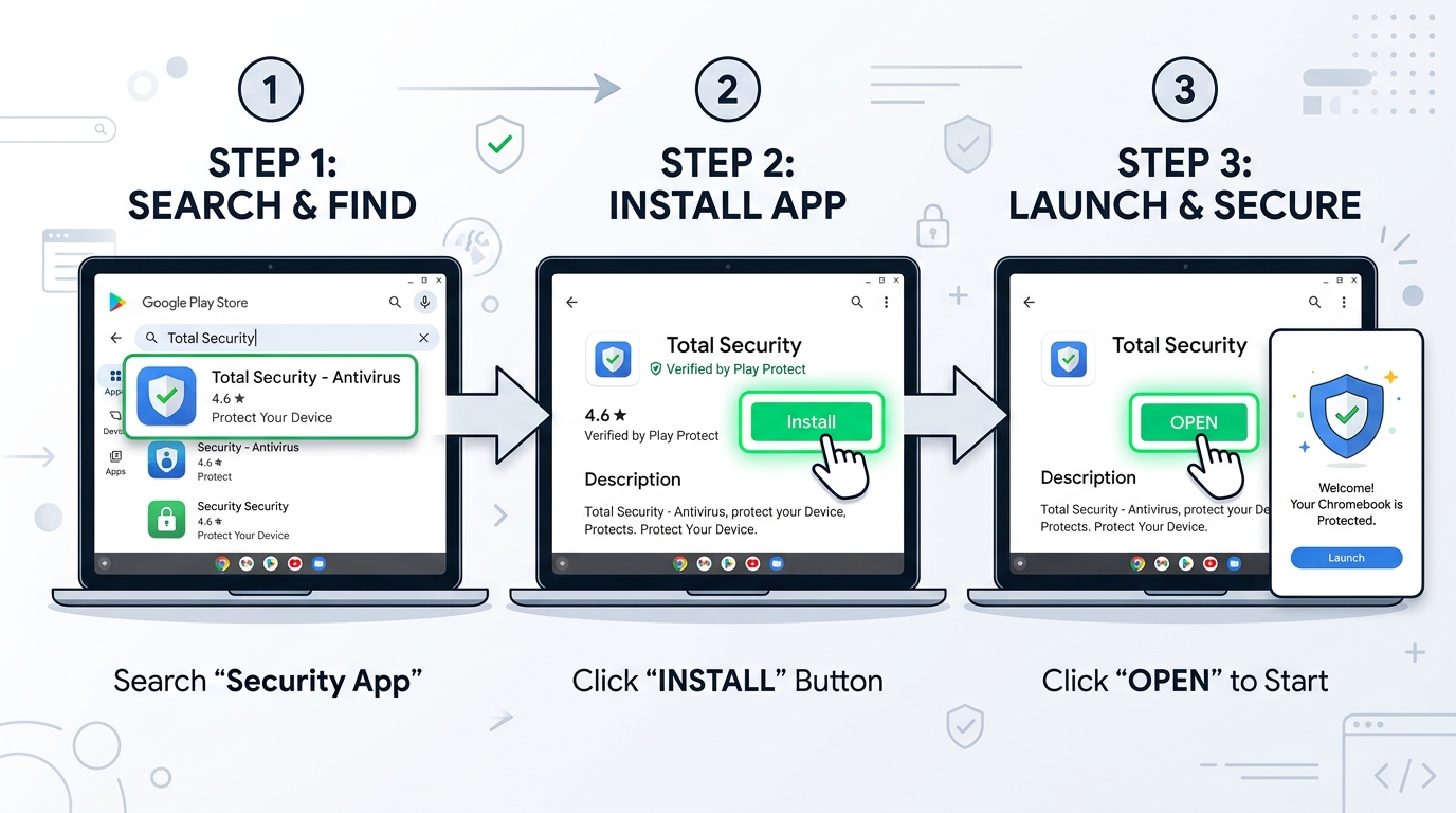 Screenshot mockup of a cleanup tool dashboard showing junk files detected and storage space recovered on a Chromebook