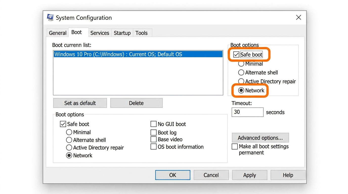 Diagram comparing Windows processes loaded in Normal Mode versus Safe Mode, showing malware absence in Safe Mode environment
