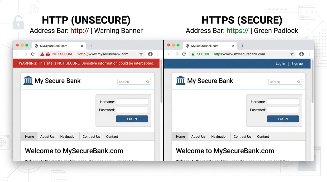 Flowchart illustrating how an insecure Wi-Fi connection redirects a user to a malware-laden fake banking website through DNS spoofing