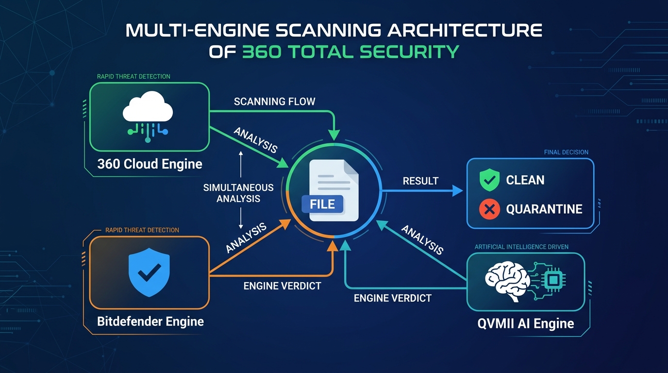 Flowchart illustrating the path of a malware infection from initial download through execution to system compromise, showing detection points where antivirus software intervenes