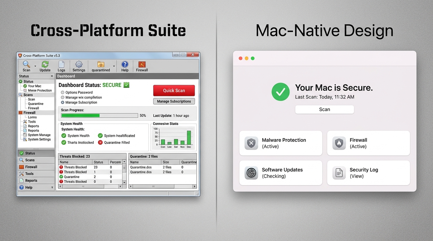 Flowchart comparing macOS Gatekeeper one-time launch check versus continuous real-time antivirus scanning process