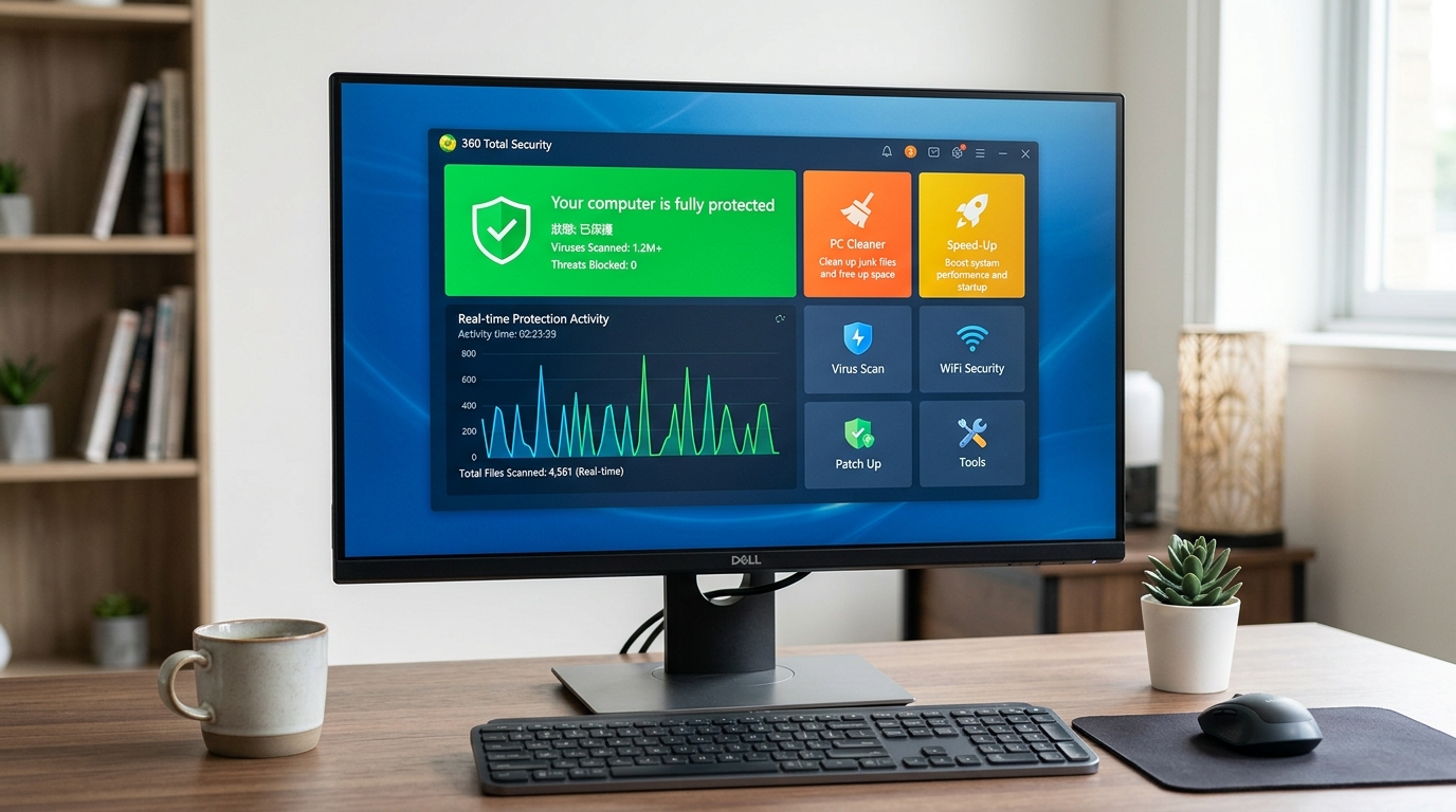 Comparative infographic showing feature sets of Kaspersky Free Antivirus versus 360 Total Security highlighting multi-engine detection and optimization tools