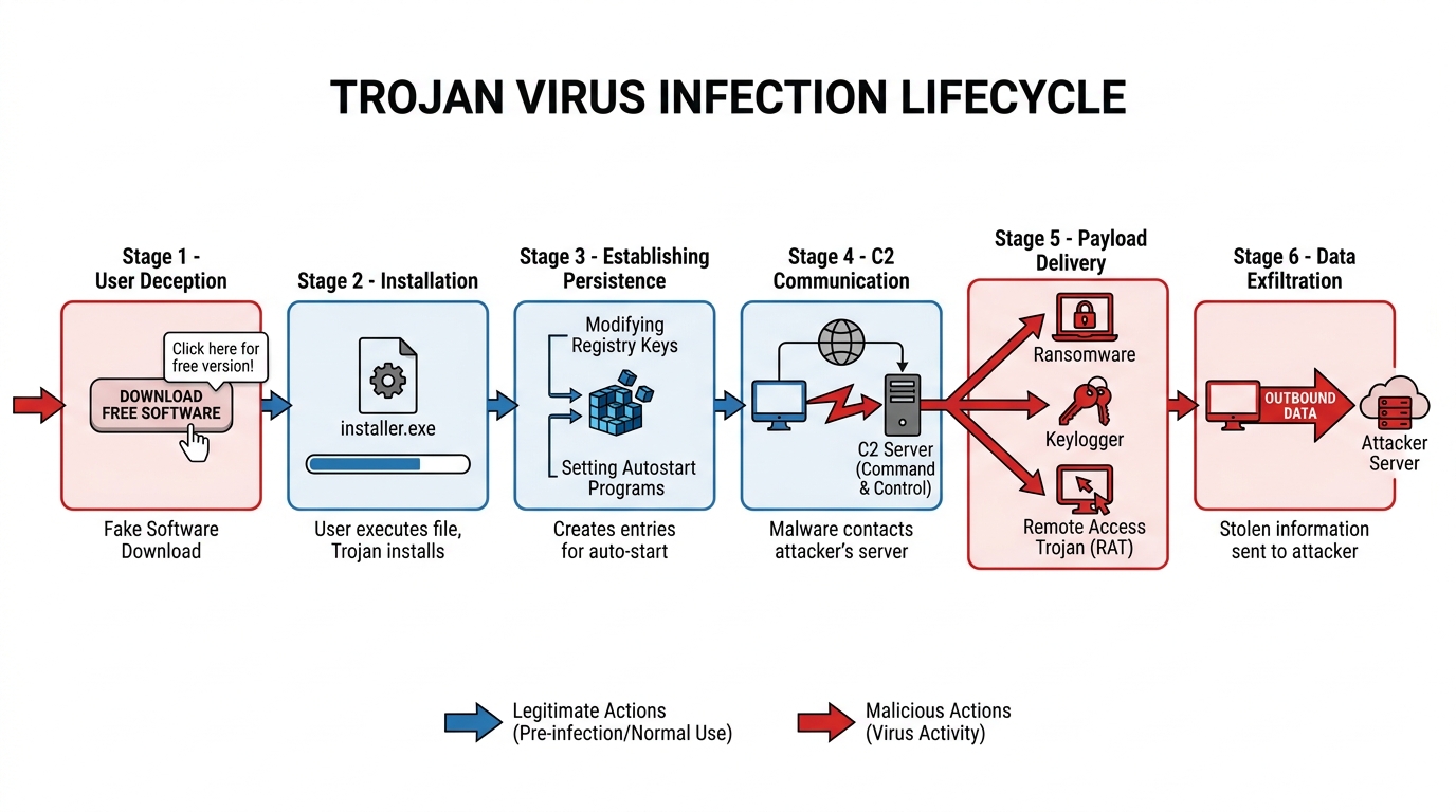 Infographic showing common signs and symptoms of a Trojan virus infection on a Windows PC, including high CPU usage, browser hijacking, and suspicious network activity