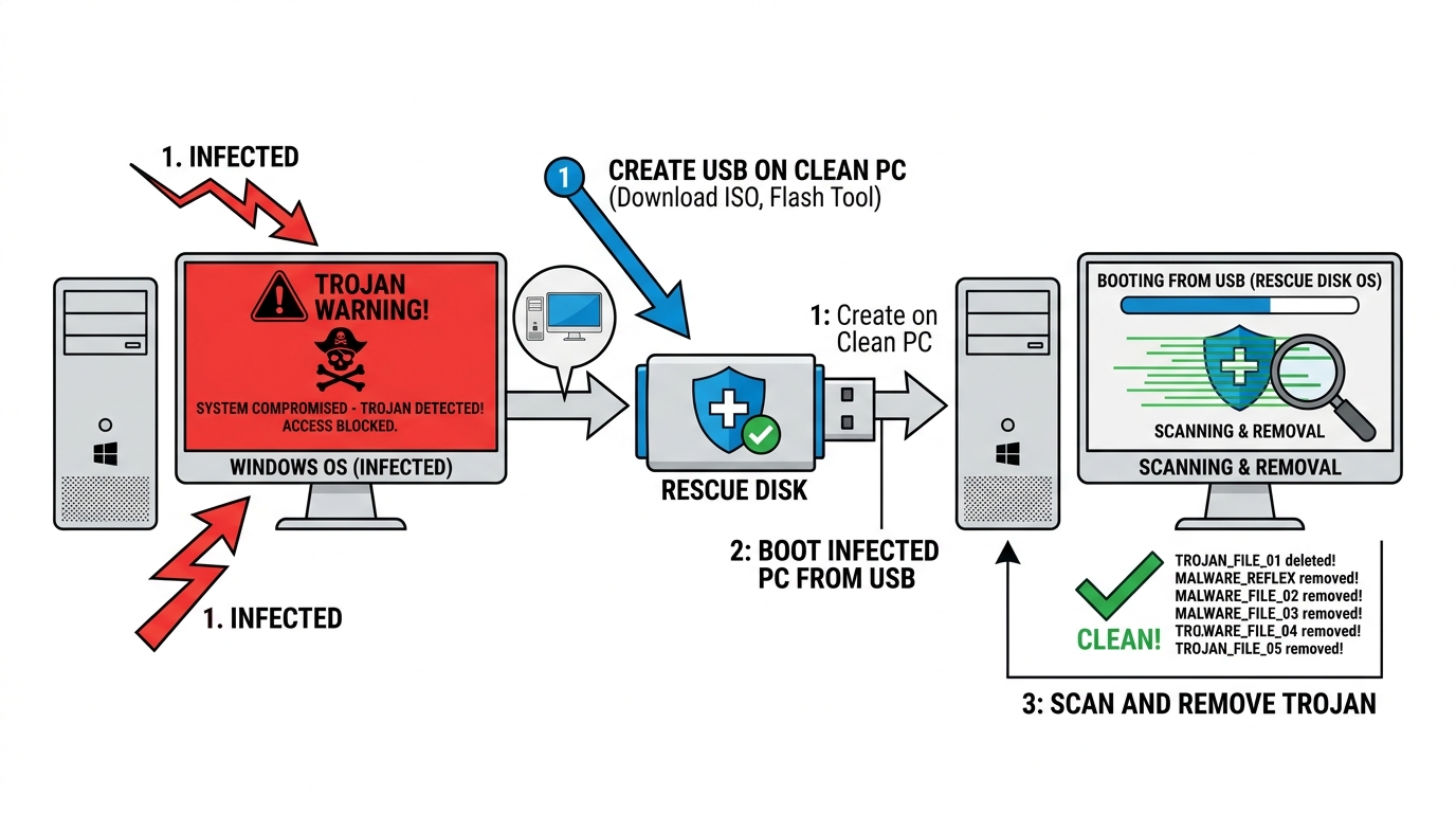 360 Total Security interface screenshot showing the Full Scan button and System Repair tool highlighted with callout arrows for Trojan removal