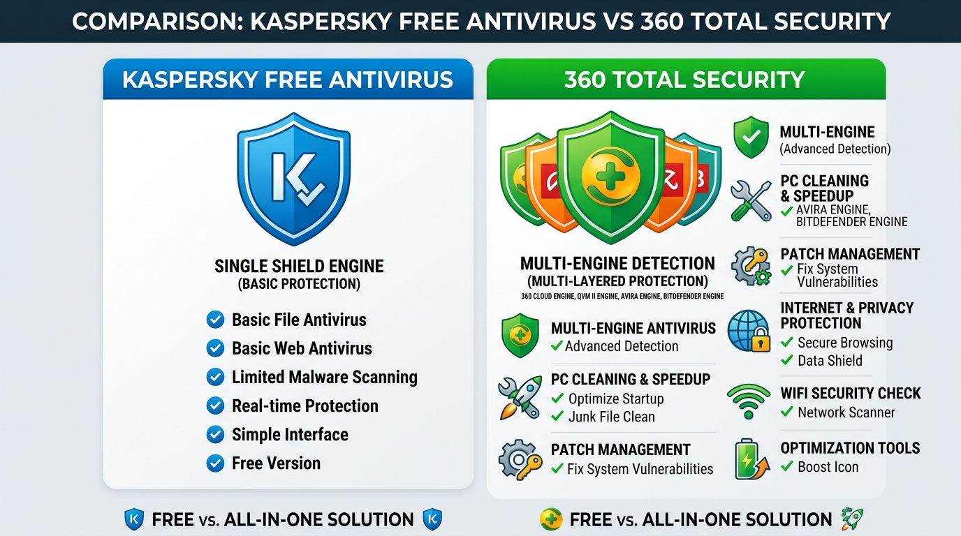 Kaspersky antivirus product range comparison showing Free, Internet Security, and Total Security feature tiers on a desktop interface