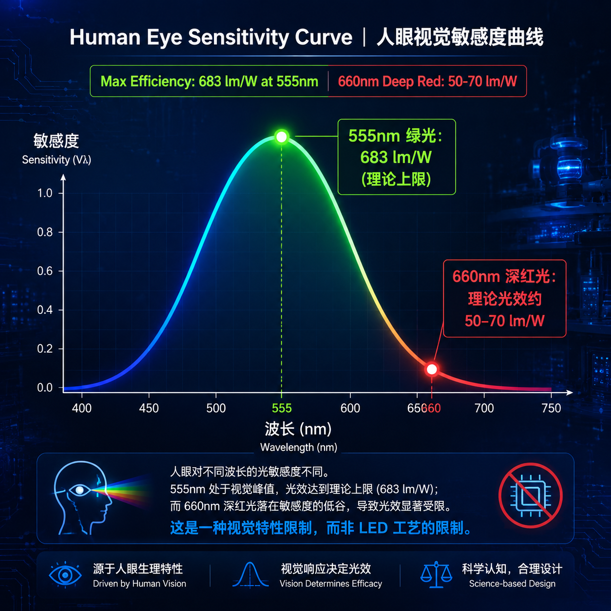 一张人眼明视觉响应曲线图，展示了人眼对555nm绿光（683 lm/W）的最高敏感度，以及对660nm深红光（理论光效约50-70 lm/W）明显较低的敏感度。