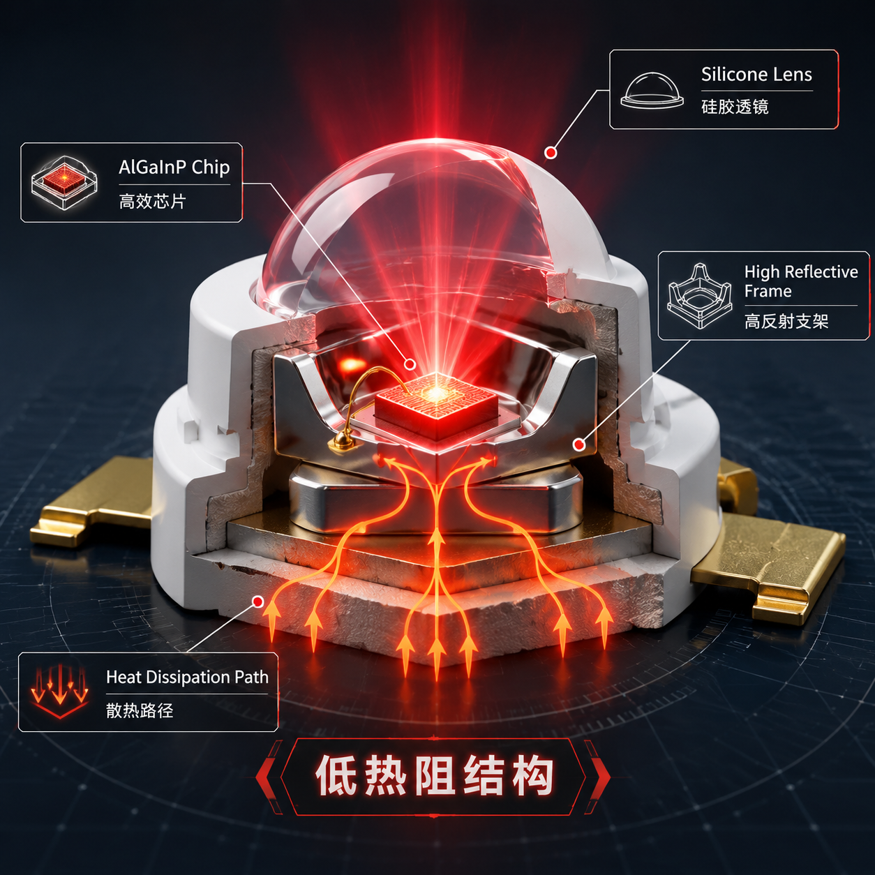 一张660nm红光LED灯珠的3D剖视图，展示了AlGaInP芯片、高反射支架、硅胶透镜及其低热阻散热路径，揭示影响光效和可靠性的内部结构。