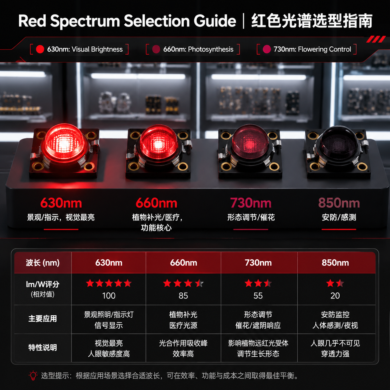 一张红色光谱选型指南图，对比了630nm、660nm、730nm和850nm等不同波段红光的可见性、lm/W表现及各自的主要应用场景，帮助用户进行LED选型。